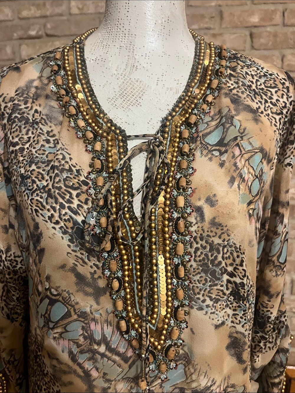 Beaded Sheer V-Neck Long Sleeve Animal-Print Tunic in Beige and Teal - Picture 3 of 6